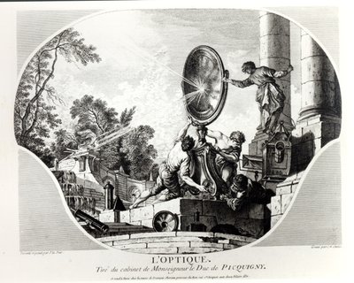 Brandende spiegel, allegorie van Optica, gegraveerd door Charles Nicolas Cochin door Jacques de Lajoüe